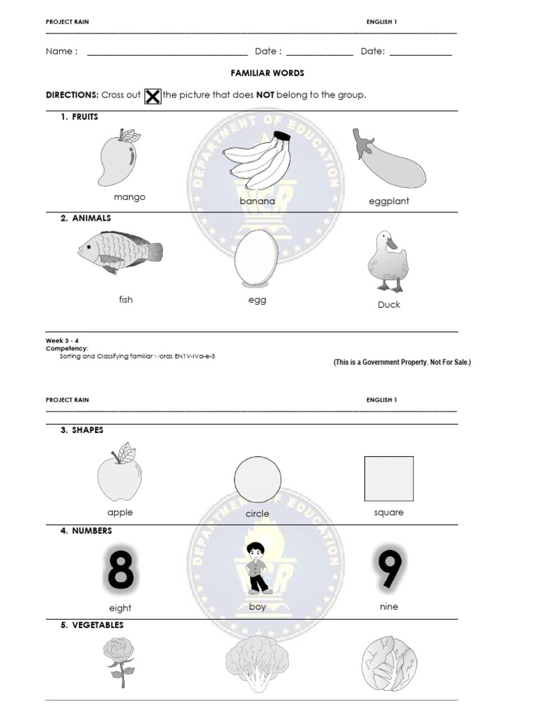 Final Grade-1-Familiar-Words - Version-4 | PDF | Foods