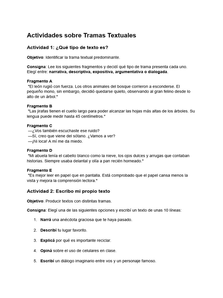 Actividades sobre Tramas Textuales | PDF