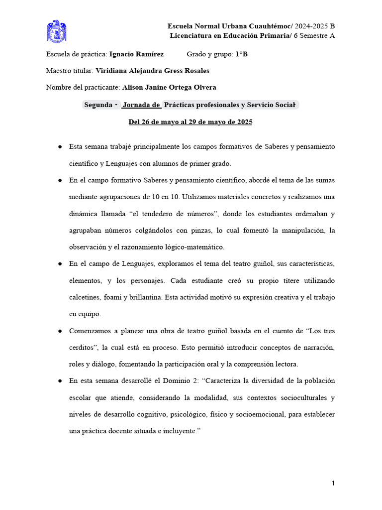 Ortega OLvera Alison Janine 6a LEPri INforme de Practicas 26 Al 29 de ...