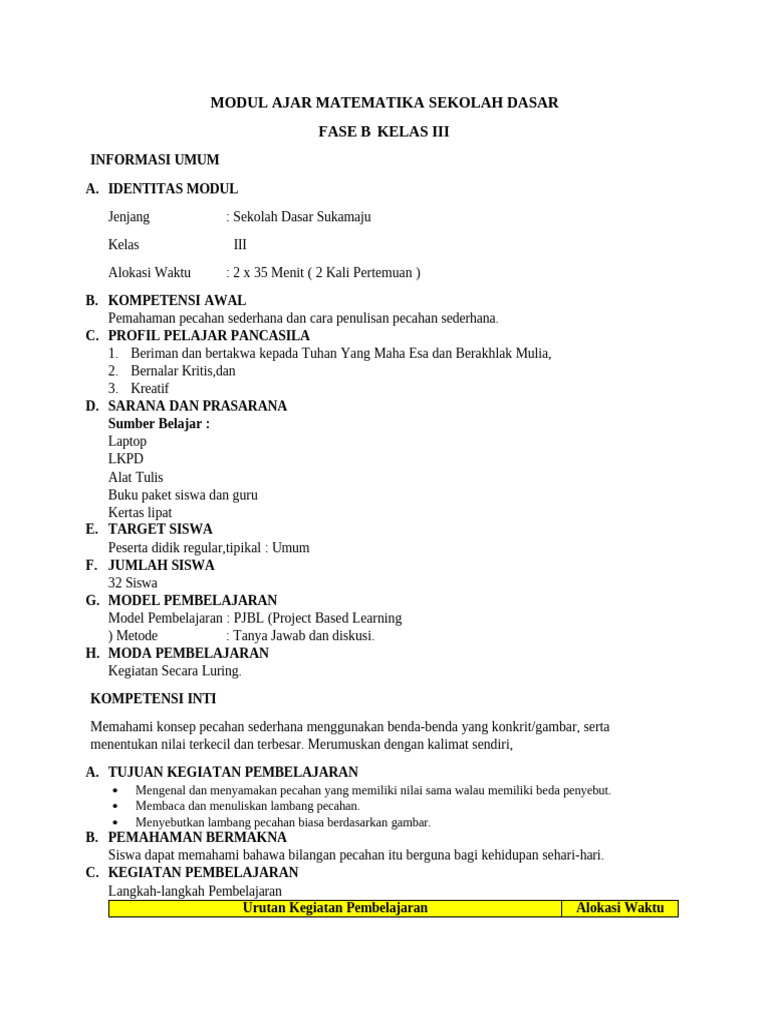 Modul Ajar Pecahan Kelas III SD | PDF