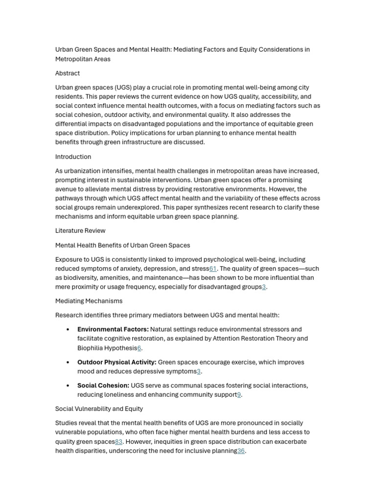 Urban Green Spaces and Mental Health | PDF | Mental Health | Health Equity