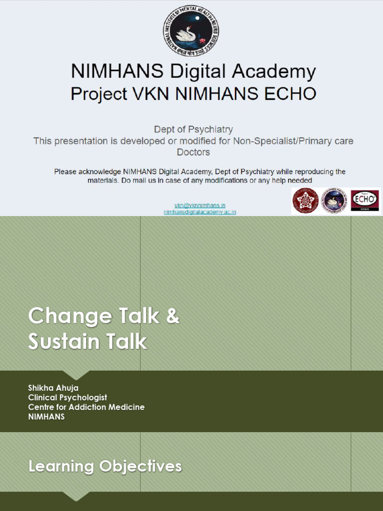 Change Talk vs. Sustain Talk in MI | PDF | Psychology | Behavioural ...
