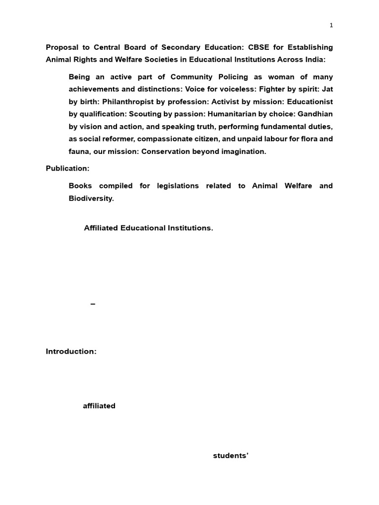 Proposal To The CBSE - Central Board of Secondary Education For Animal ...