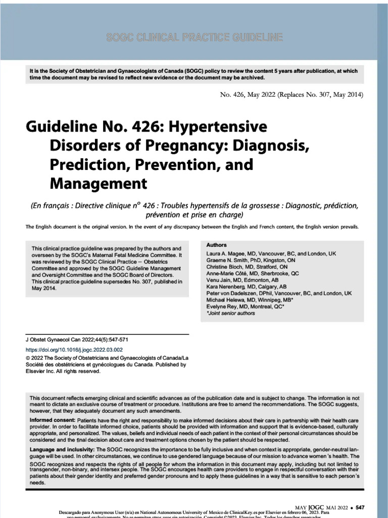 PDF Guideline No 426 Hypertensive Disorders of Pregnancy Diagnosis ...