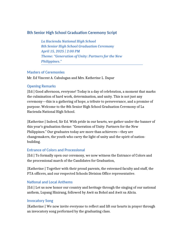 LHNHS 8th SHS Graduation Script | PDF
