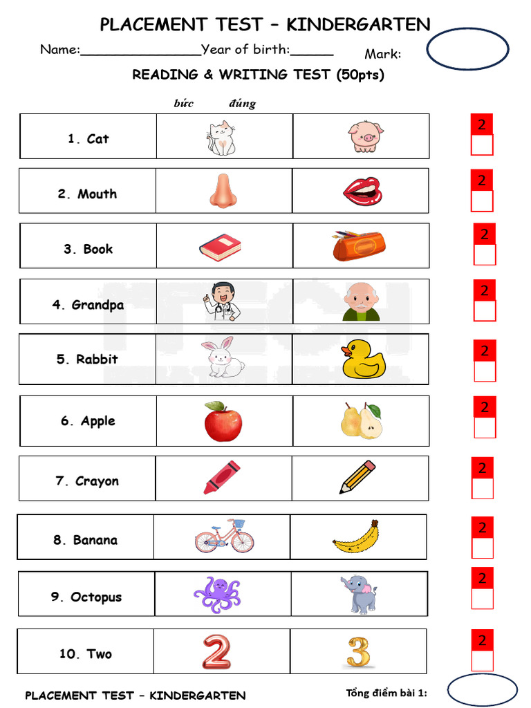 Placement Test Level Kindergarten | PDF