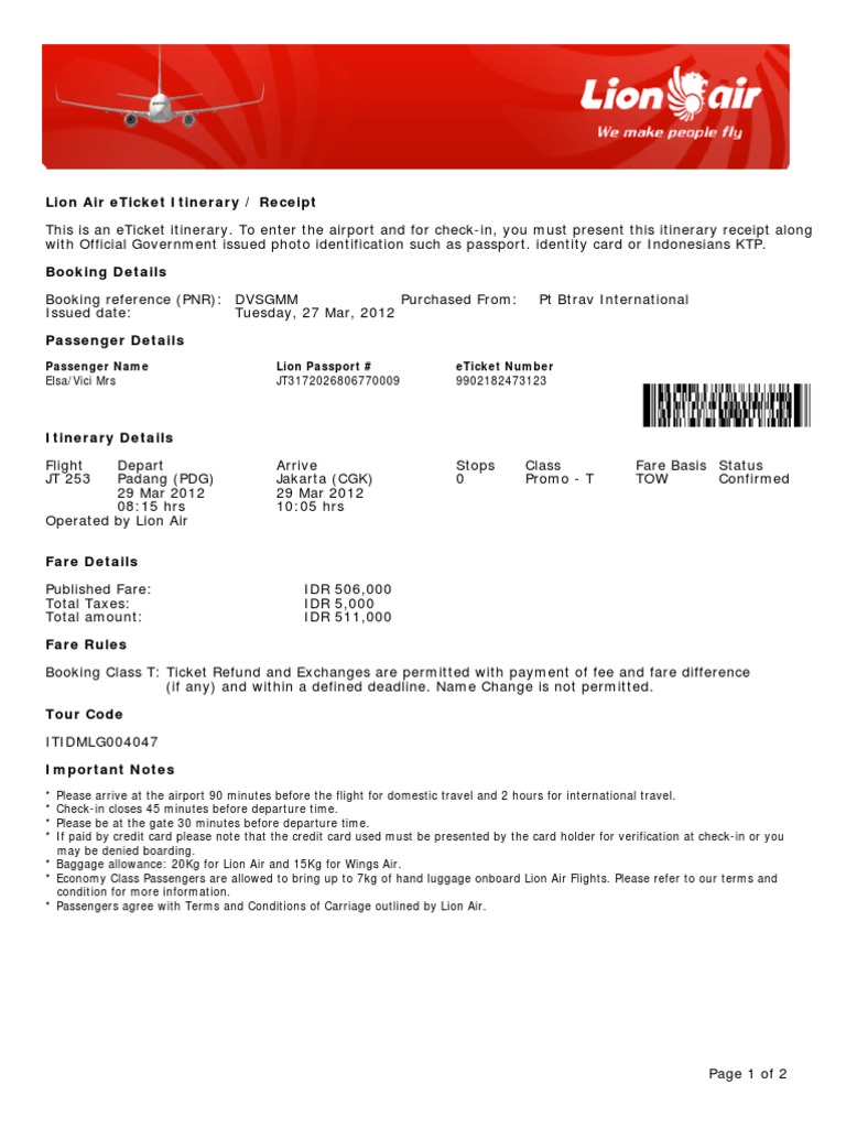 Lion Air ETicket DVSGMM Elsa Fare Aviation