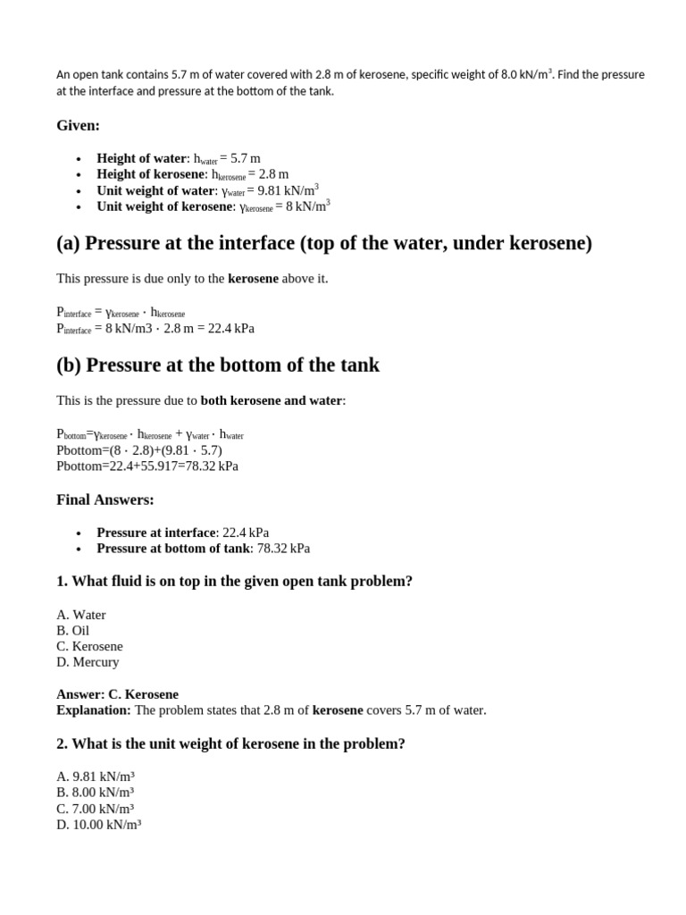 Pressure Calculation in Fluid Tank | PDF | Pressure | Pascal (Unit)