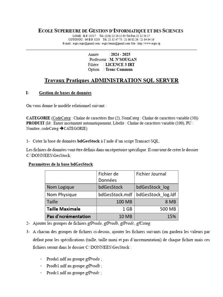 Administration SQL Server : TP 2024-2025 | PDF | Microsoft SQL Server ...