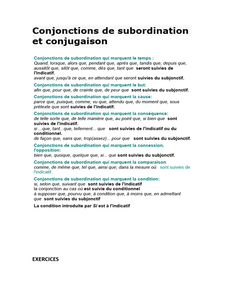 Conjonctions de subordination et exercices | PDF
