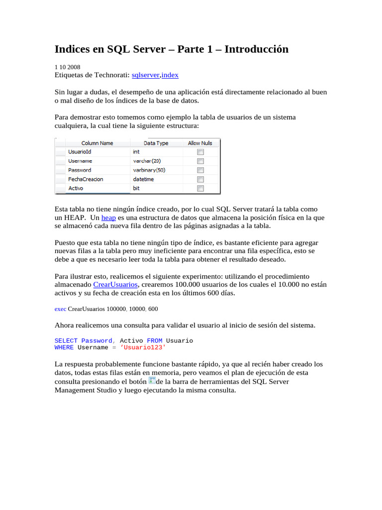 Indices en SQL Server | PDF | Servidor SQL de Microsoft | SQL