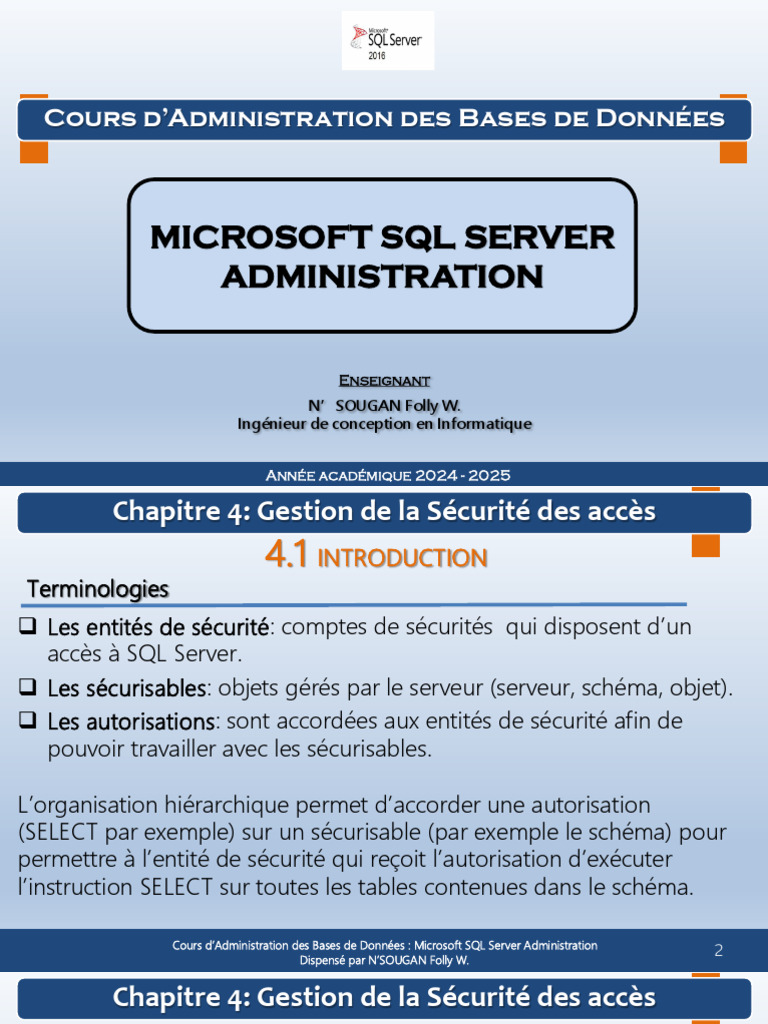 Sécurité des Accès dans SQL Server | PDF | Microsoft SQL Server | Bases ...