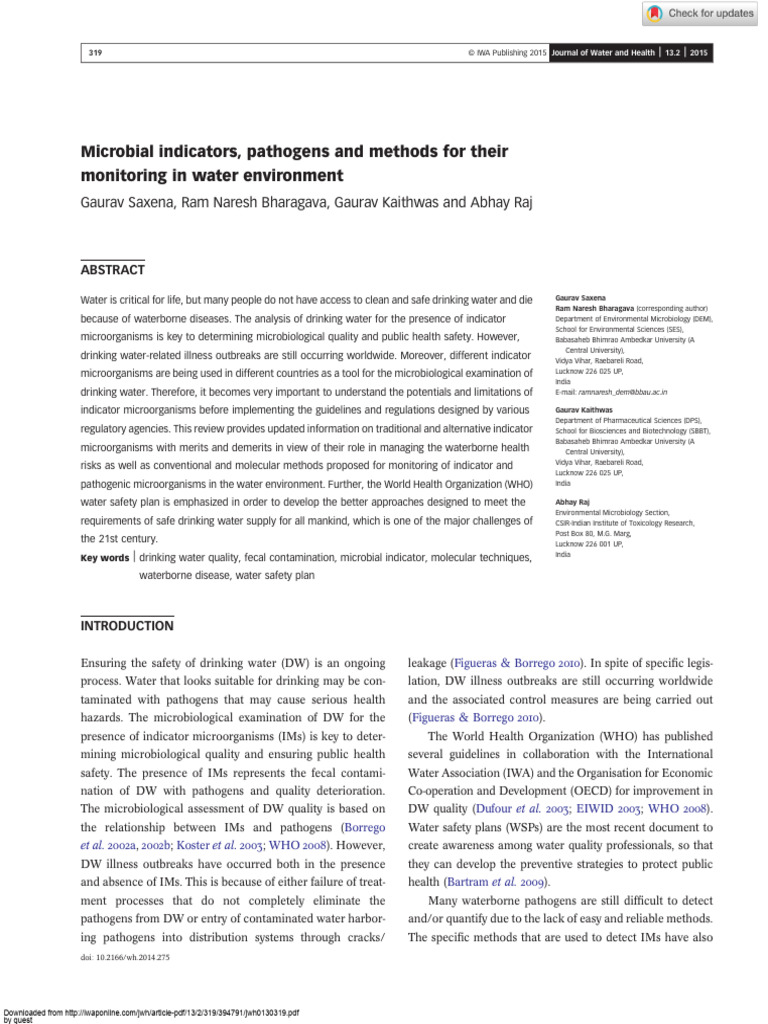 Microbial Indicators in Drinking Water Quality | PDF | Escherichia Coli ...