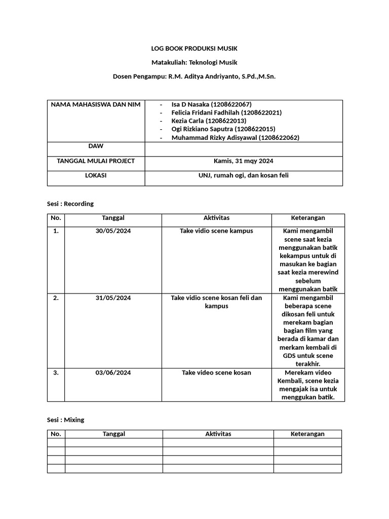 Log Book Produksi Musik Mahasiswa UNJ | PDF