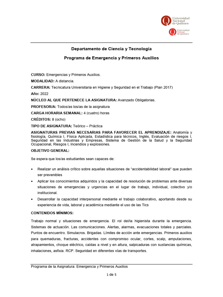 Programa de Emergencias y Primeros Auxilios | PDF | Primeros auxilios ...