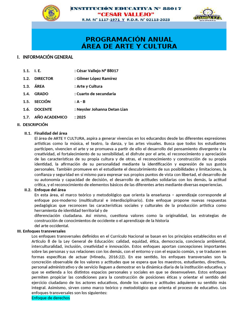 Programación Anual Arte y Cultura 2025 | PDF | Aprendizaje | Nutrición