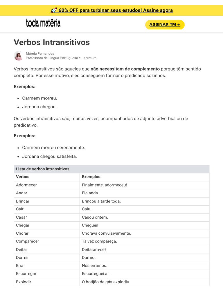 Exemplos de Verbos Intransitivos | PDF | Objeto (gramática) | Linguística