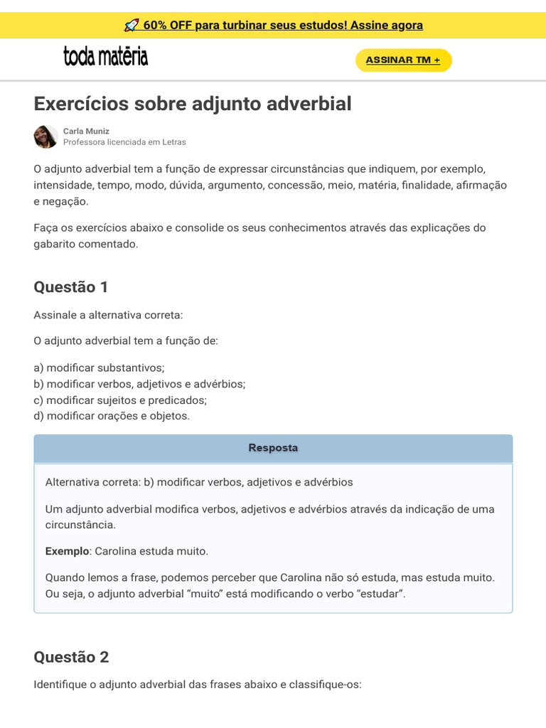 Exercícios sobre Adjunto Adverbial | PDF | Substantivo | Advérbio