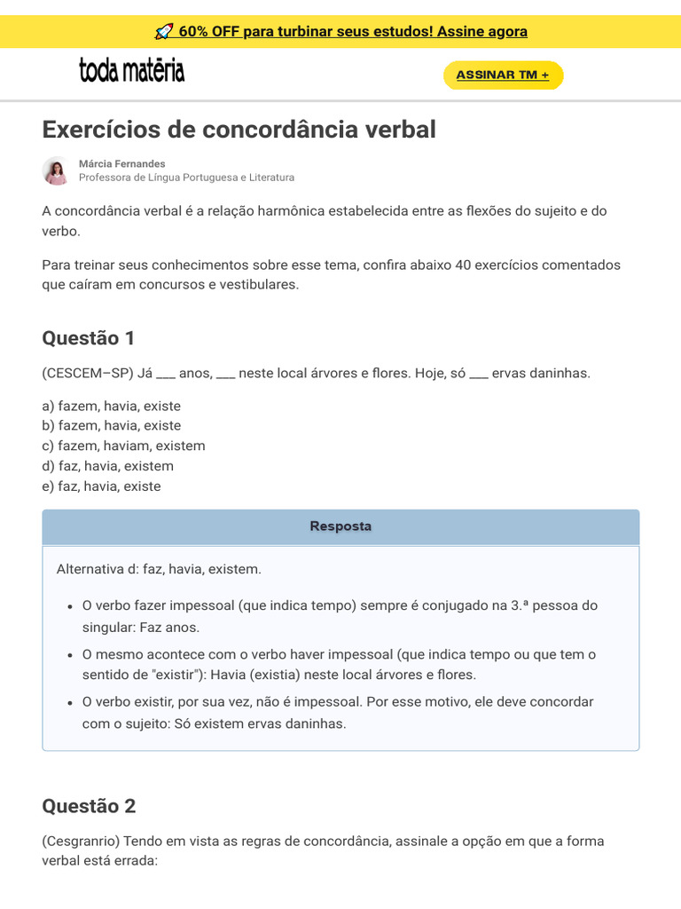 13.15. 40 Exercícios de Concordância Verbal Com Gabarito Comentado ...