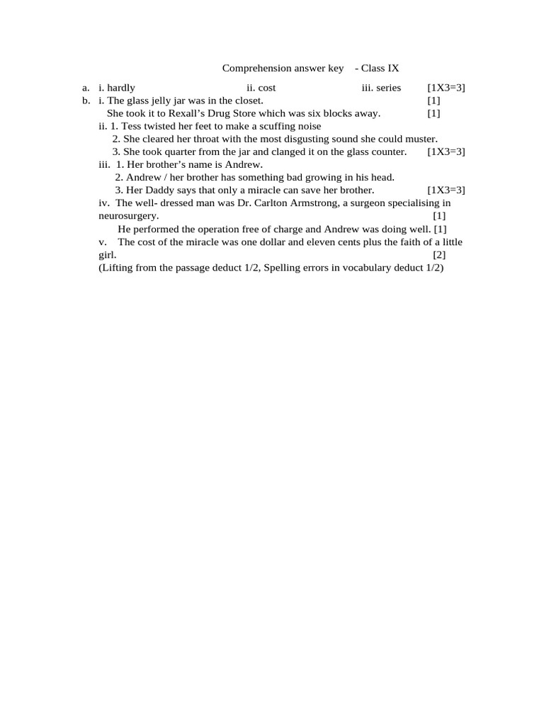Answer Key Comprehension Class IX | PDF