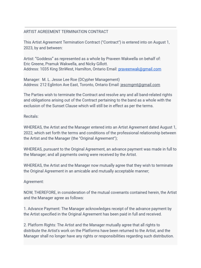 Curated visual reference: Picture Idea: Termination Of Artist Agreement Pdf Grammatical Gender