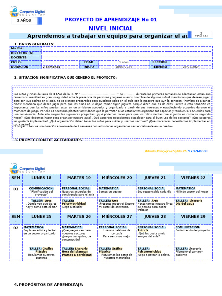 Proyecto de Aprendizaje #01 - 3 Años | PDF | Salón de clases ...