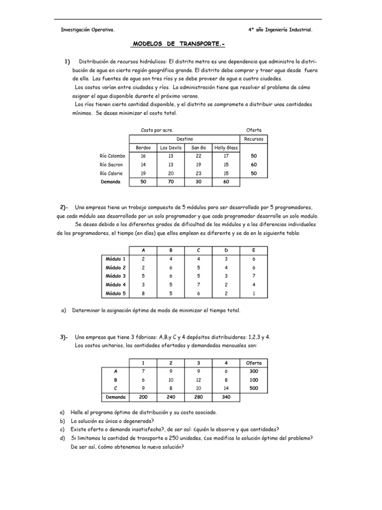 Modelos de Transporte en Investigación Operativa | PDF | Agua | Transporte