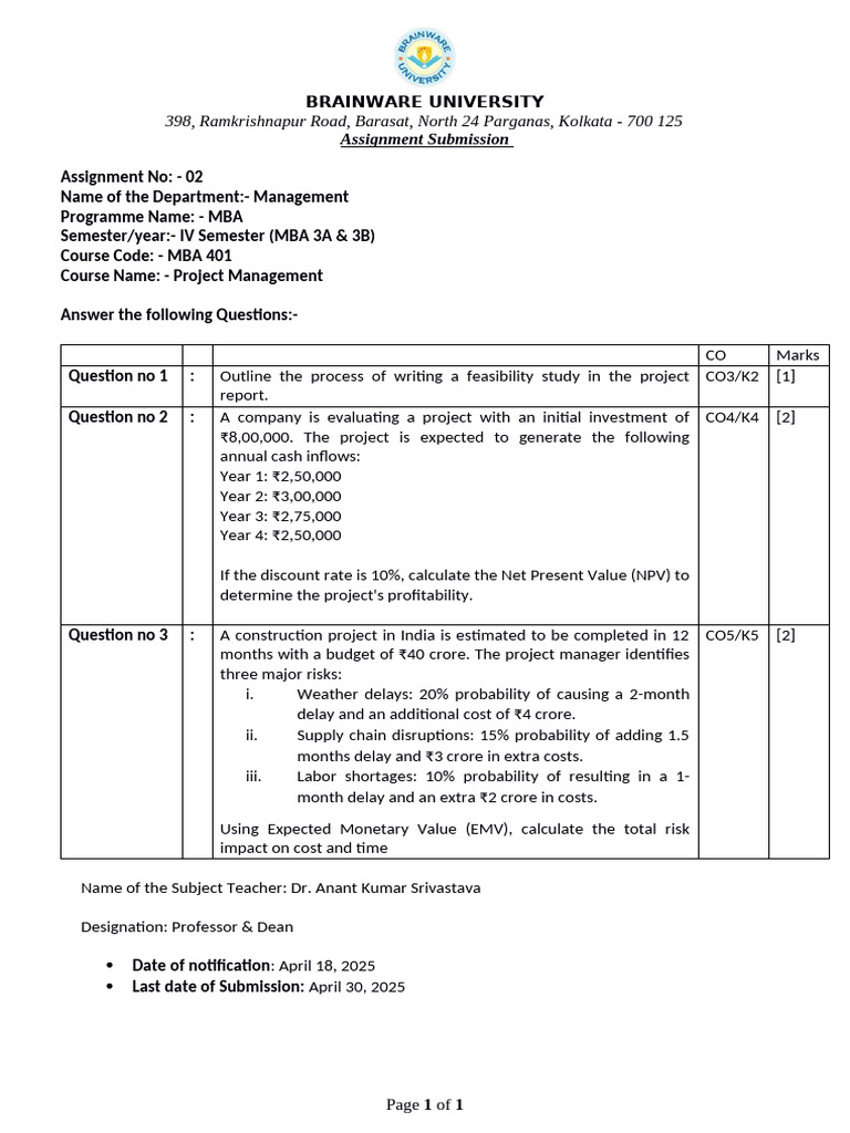 MBA Project Management Assignment 02 | PDF