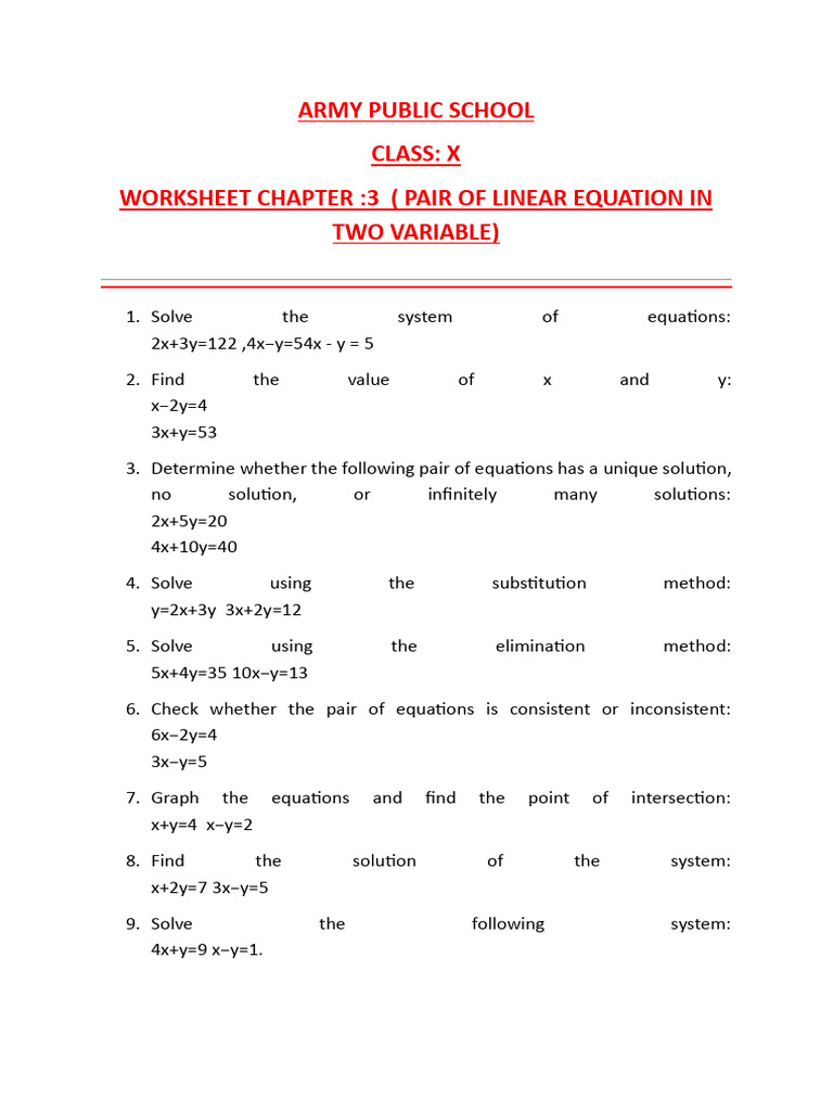 Class 10 Linear Equations Worksheet | PDF