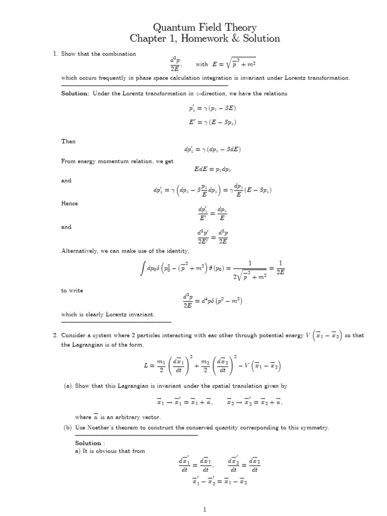 Quantum Field Theory Chapter 1, Homework & Solution | PDF | Noether's ...