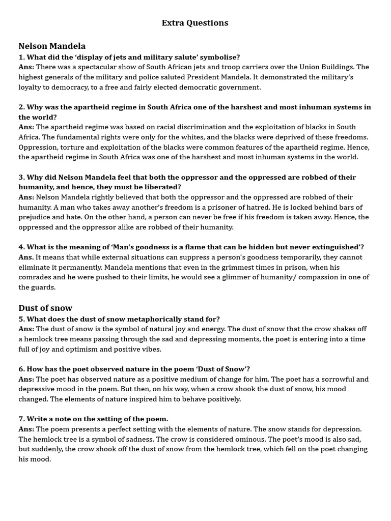 Nelson Mandela Class 10 Extra Questions | PDF | Nelson Mandela | Apartheid