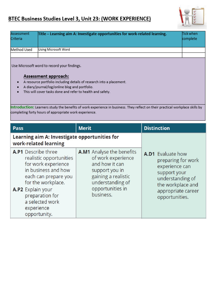 Check list aim - A - Unit # 23 work experience | PDF | Learning | Cognition