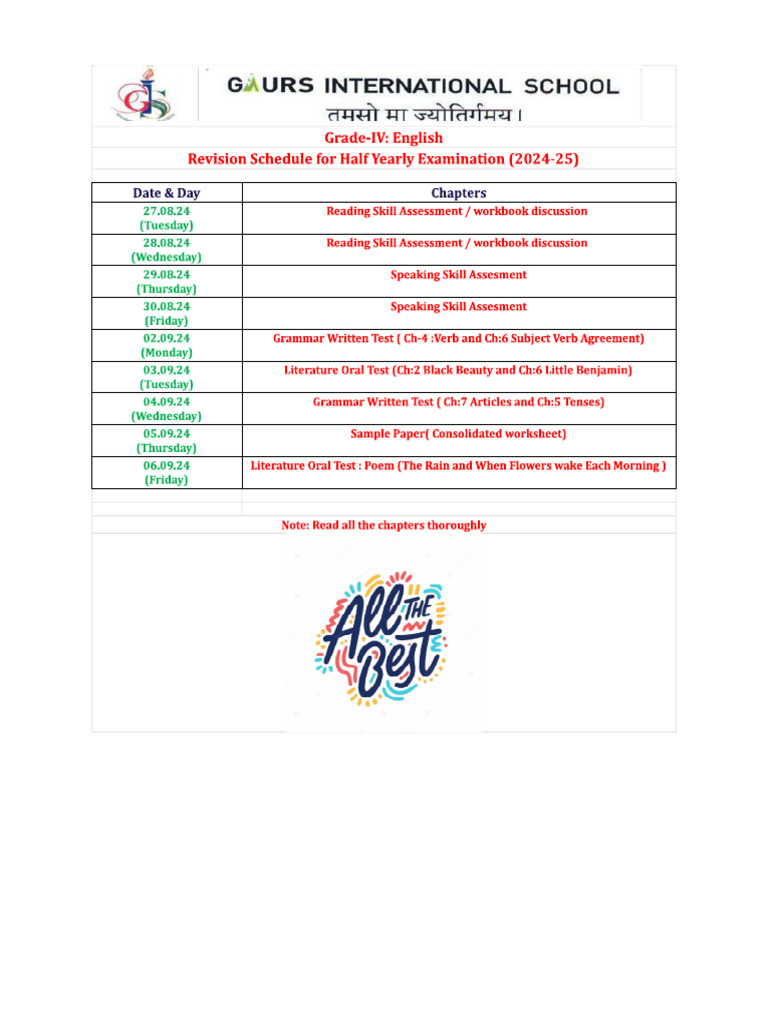 Grade Iv Revision Schedule For Half Yearly Examination 2024 25 Pdf