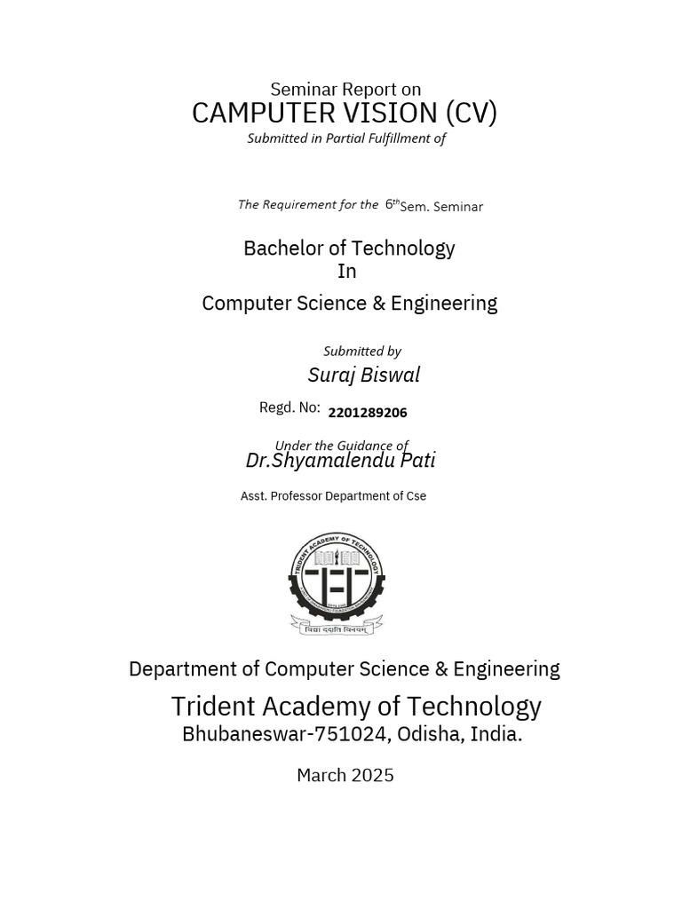 Seminar Report On CAMPUTER VISION (CV) Submitted in Partial Fulfillment ...