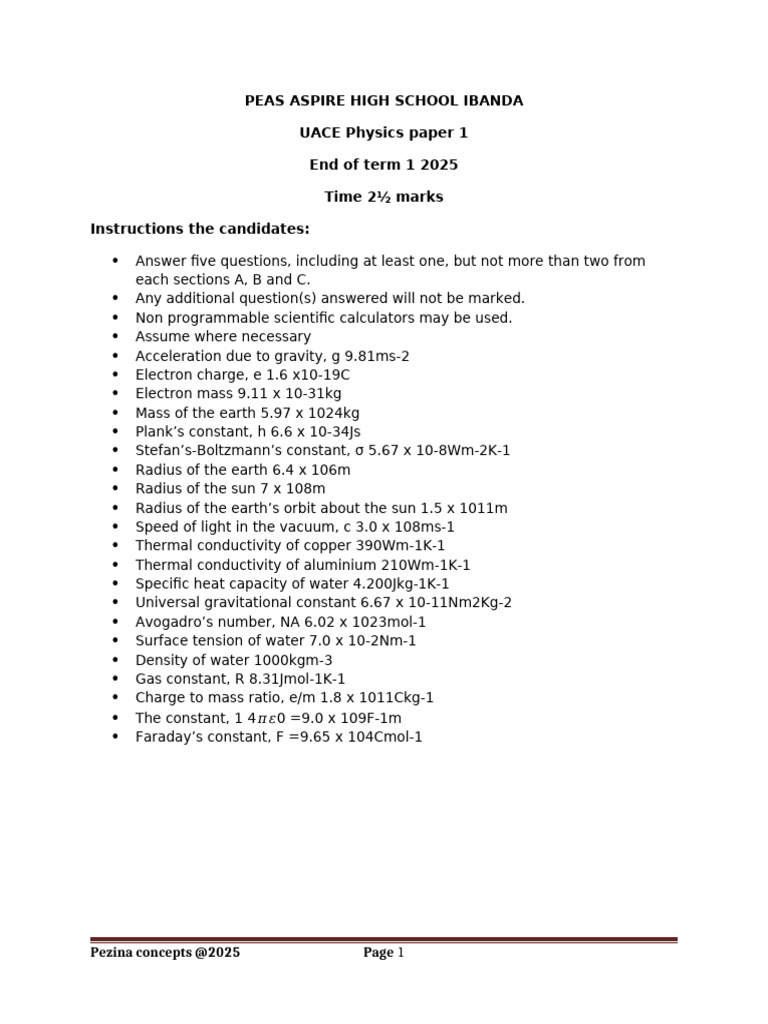 UACE Physics Paper 1 Term 1 2025 | PDF | Orbit | Electron