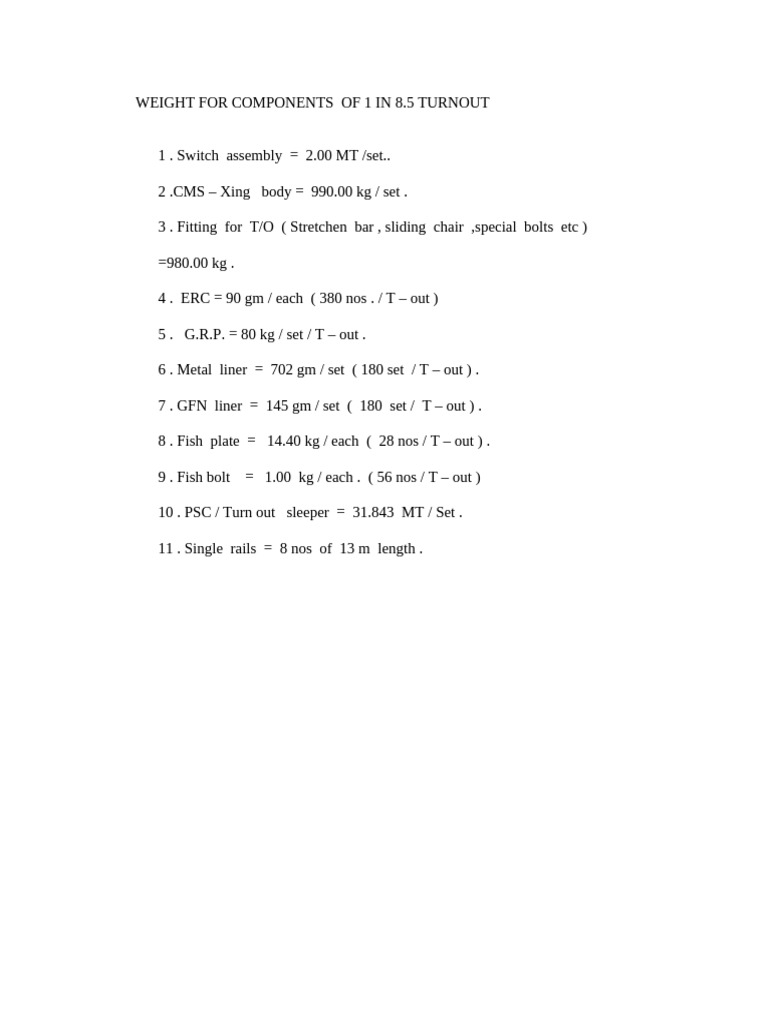 1 in 8.5 Turnout Component Weights | PDF