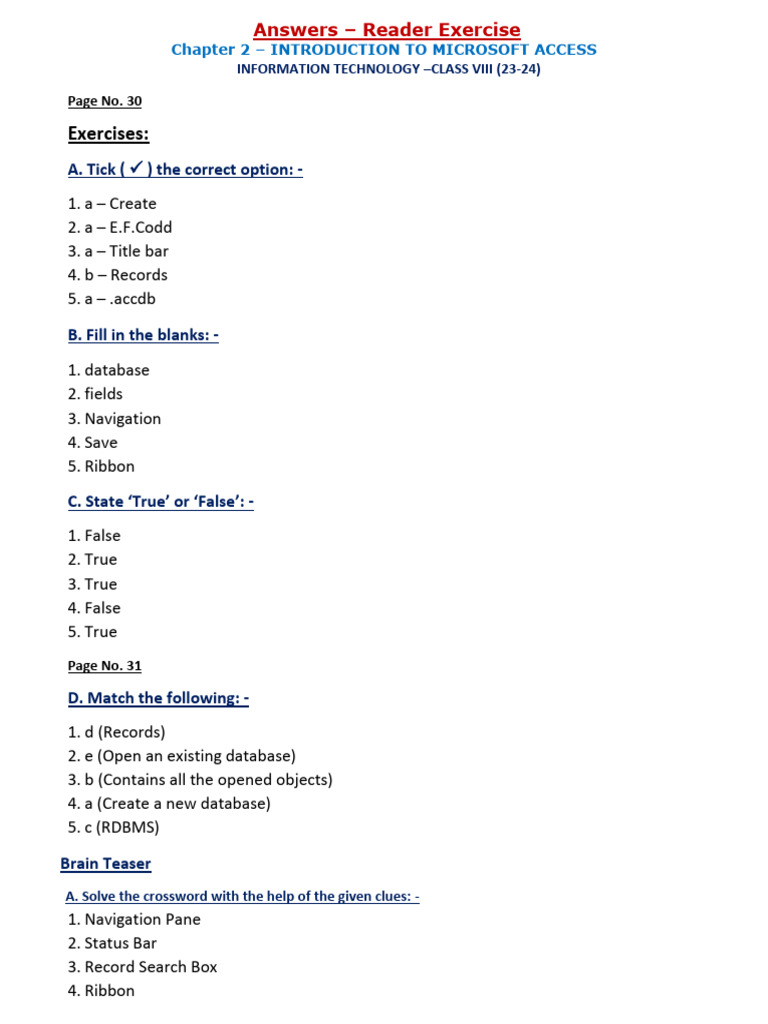 Microsoft Access Exercises for Class VIII | PDF