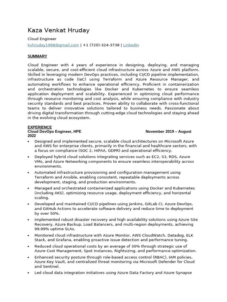 Cloud Engineer Hruday's Profile | PDF | Cloud Computing | Microsoft Azure
