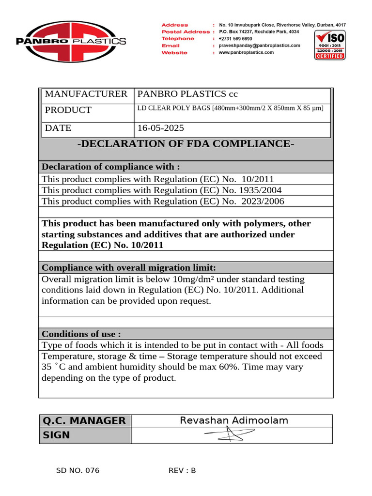 FDA Compliance Declaration for Panbro Plastics | PDF