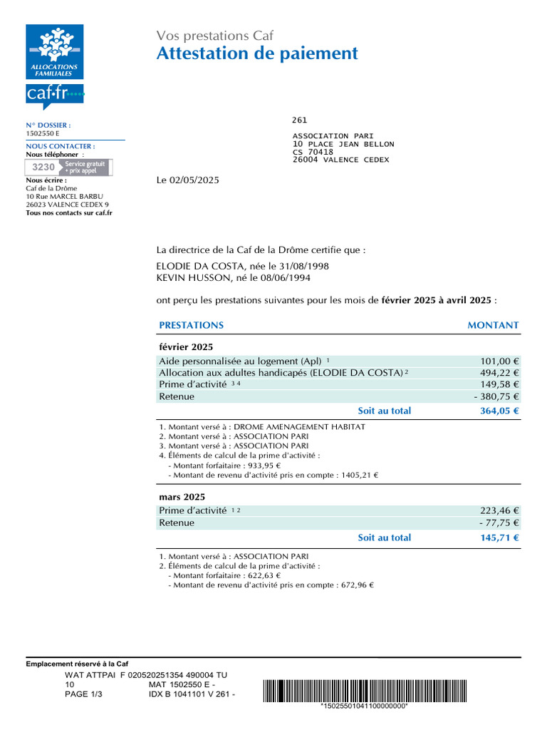 Attestation de paiement Caf 2025 | PDF
