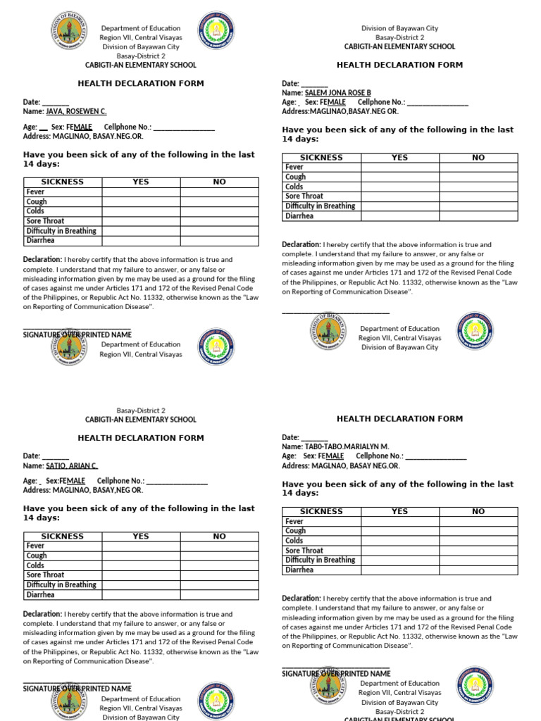 Health Declaration Form for Students | PDF | Common Cold | Medicine