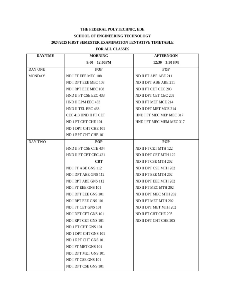 Tenteative Timetable For Set 2024-2025 First Semester Examination Real ...