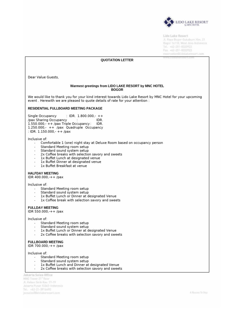 Quotation Letter Lido Lake Resort 2 | PDF | Meal