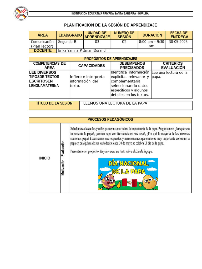 SESIÓN-De-APRENDIZAJE-plan Lector Dia de Lapapa | PDF | Pedagogía ...