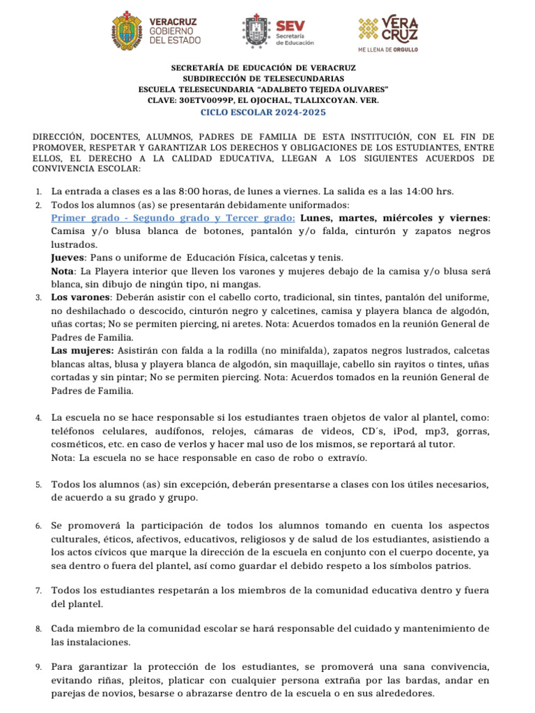 Acuerdos de Convivencia Escolar 2024-2025 | PDF | Escuelas | Ropa