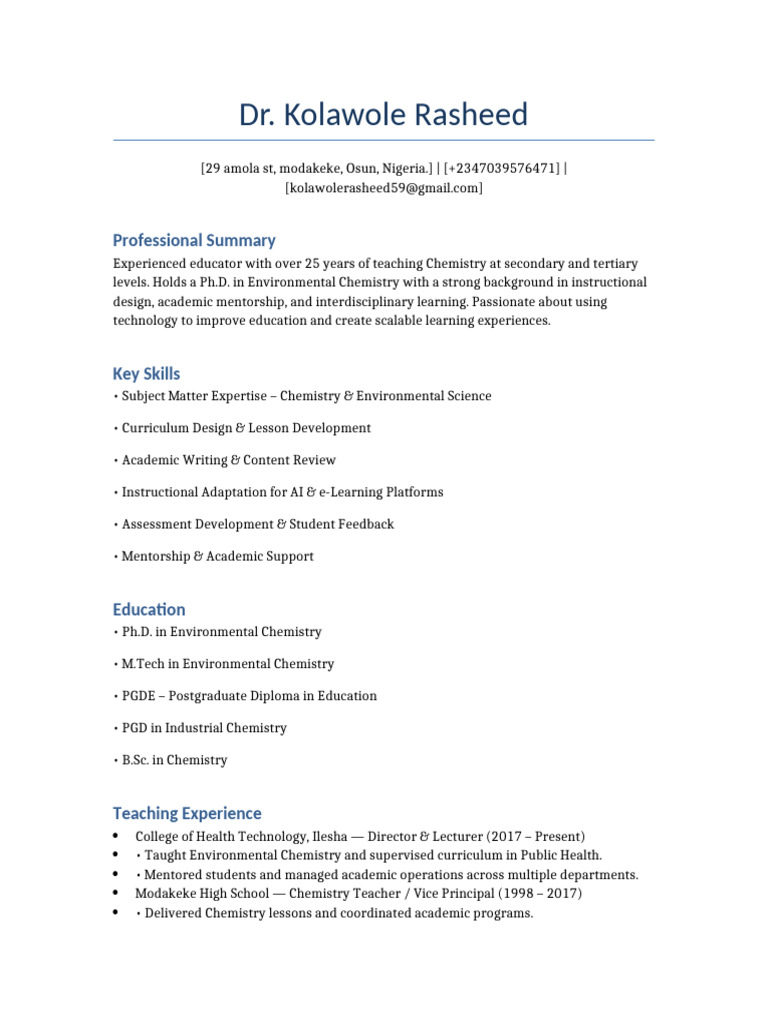 DR Kolawole Rasheed AI Tutor Resume | PDF