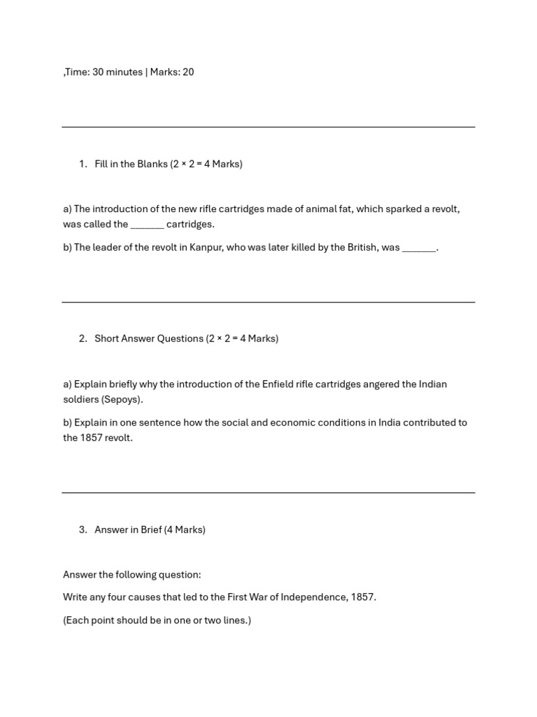 First War of Independence 1857 Worksheet | PDF