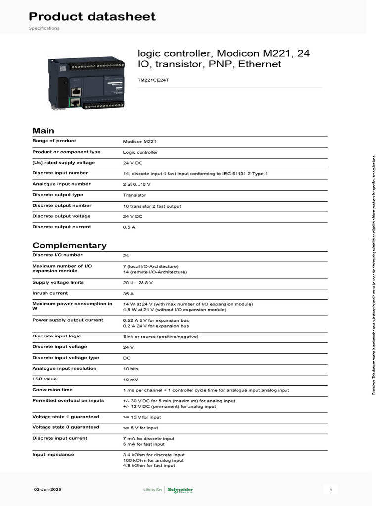 Modicon M221 TM221CE24T Controller Specs | PDF | Programmable Logic ...