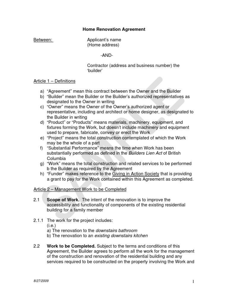 Home Renovation Agreement Template PDF General Contractor Mediation