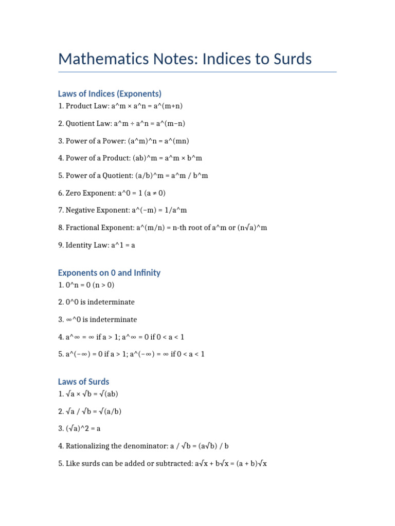 Math Notes Indices To Surds | PDF